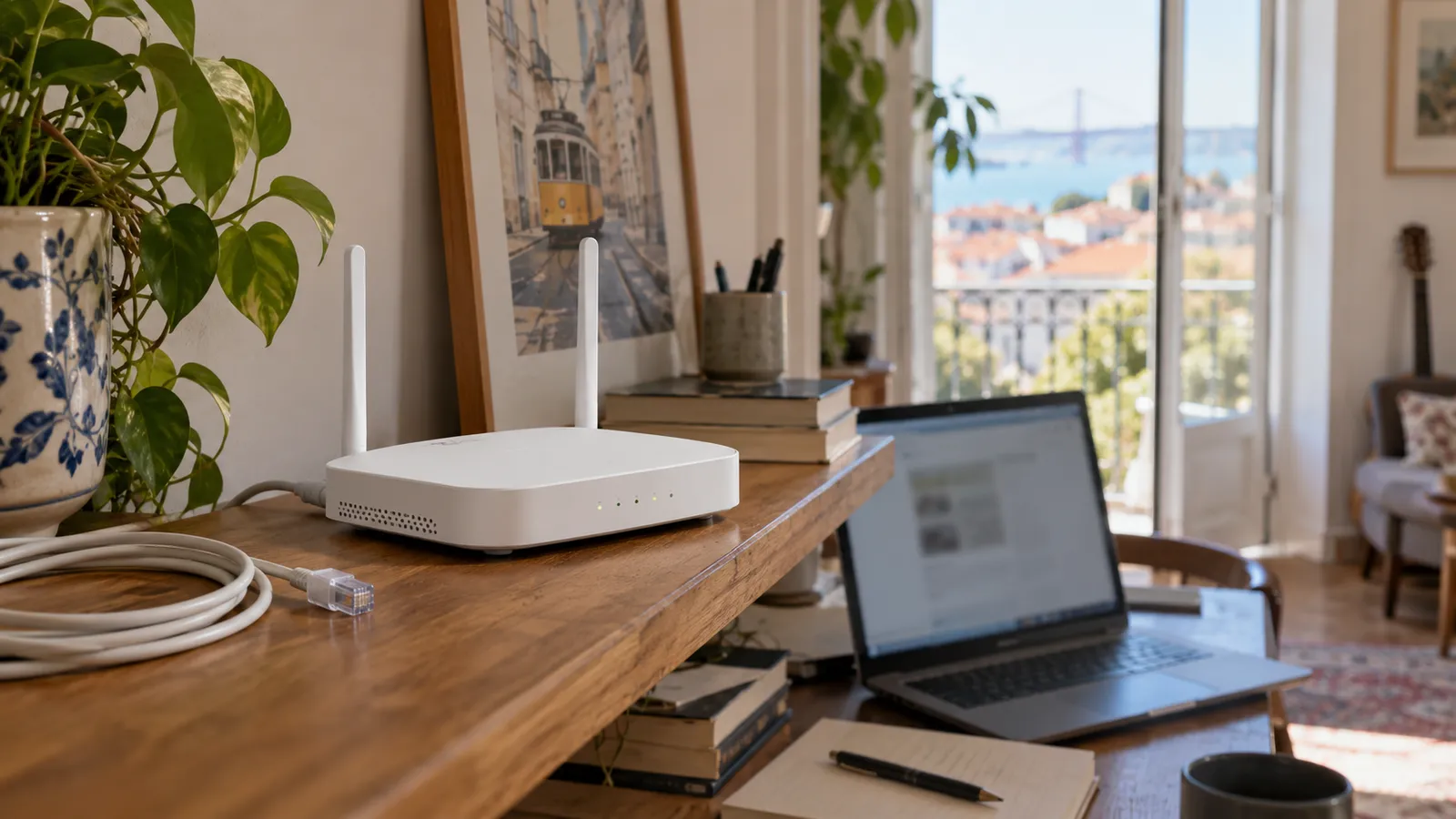 A white unbranded home router on a wooden shelf beside an ethernet cable and a laptop with blurred screen.