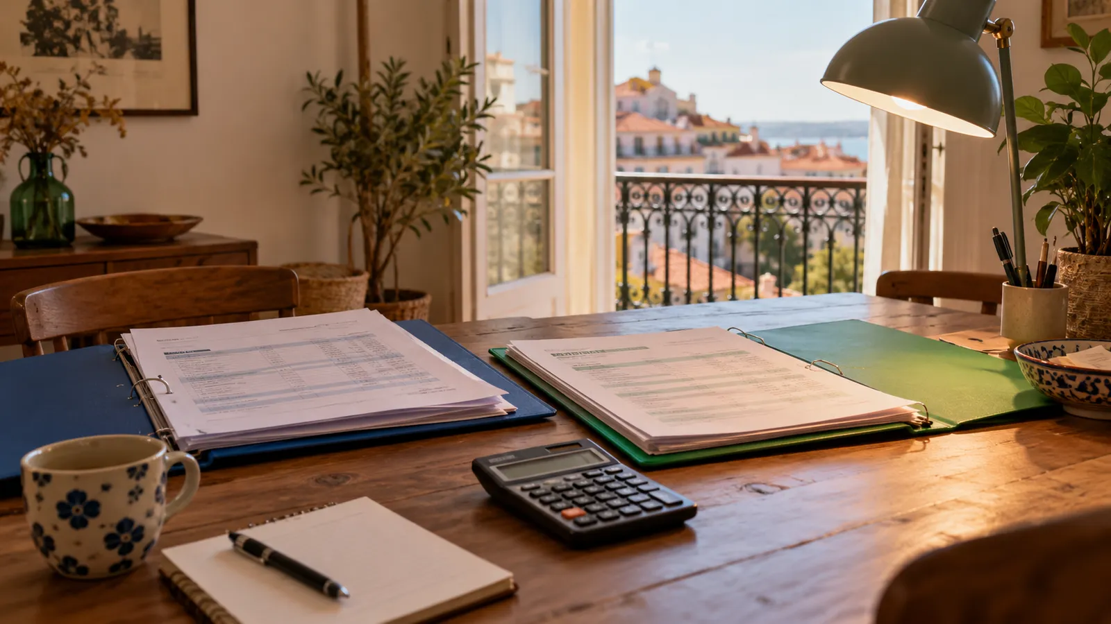 Two utility contract folders opened beside a calculator and a simple desk lamp.