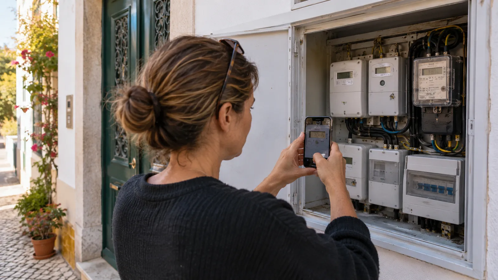 A domestic meter cupboard with neat sealed meters and an adult holding a phone to record a reading.