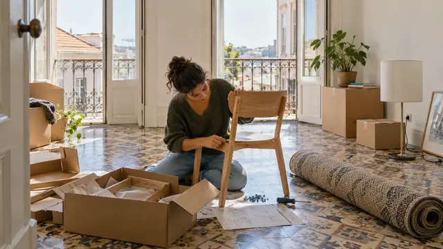 An unfurnished apartment being equipped with a flat-pack chair.