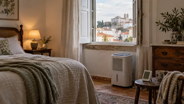 A dehumidifier beside an open shuttered window in a Portuguese bedroom.