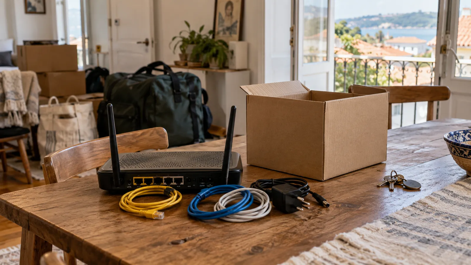 A packed router and its labelled-only-by-colour cables beside an unmarked return box at a dining table.