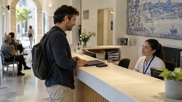 A visitor at a calm healthcare registration desk with a closed folder and an identity wallet kept shut.
