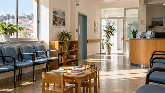 A small neighbourhood primary-care clinic waiting room with daylight.