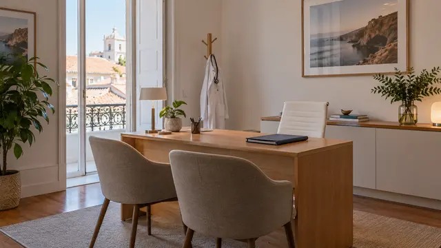 A quiet private medical consultation room with two chairs.