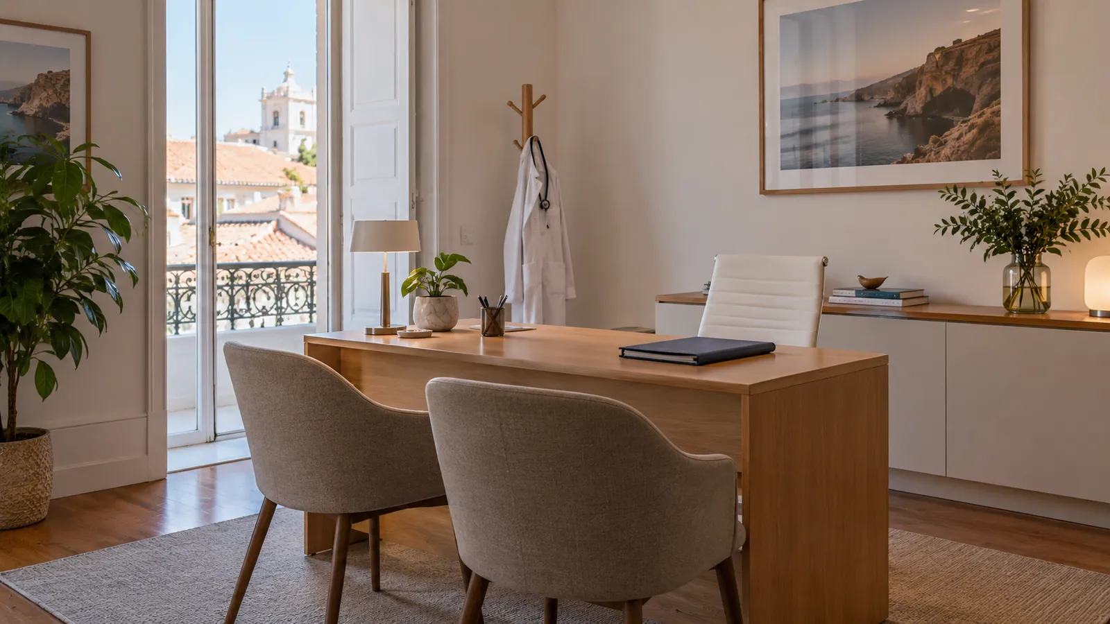 A quiet private medical consultation room with two chairs.
