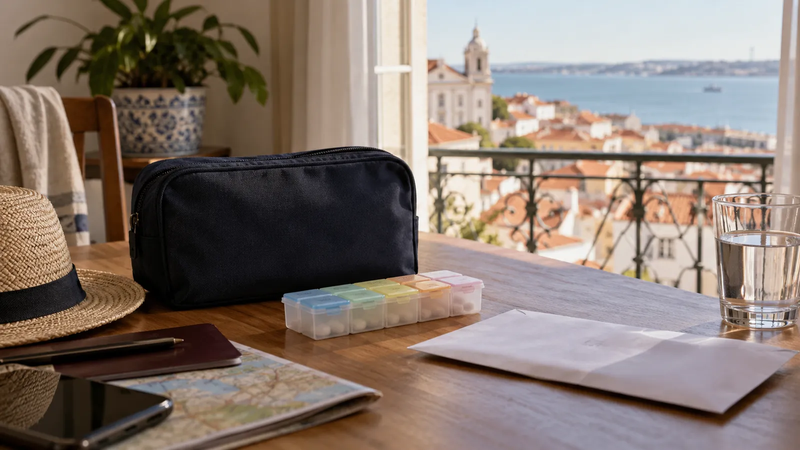 A travel medicine preparation still life with a closed plain medication pouch.