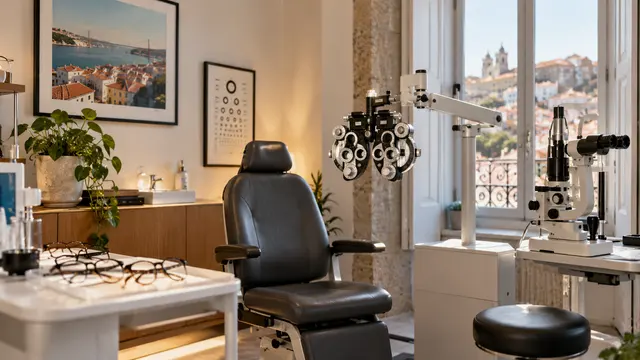 A tidy optician's examination room with an eye-testing device.