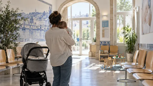 A parent holding a baby gently in a bright healthcare waiting area.