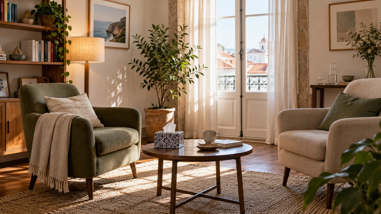 A peaceful counselling room with two upholstered armchairs facing at an angle.