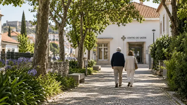 An older adult walking with a companion towards a neighbourhood clinic on a level tree-lined path.