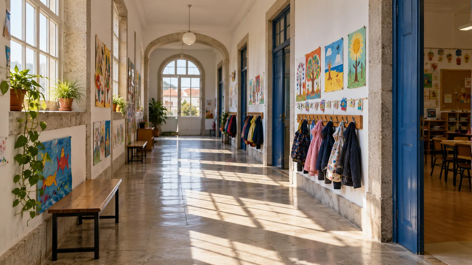 A Portuguese school corridor with sunlight.