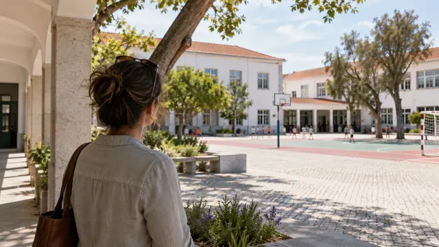 An adult parent looking across a welcoming school courtyard with a mix of classrooms and sports space.