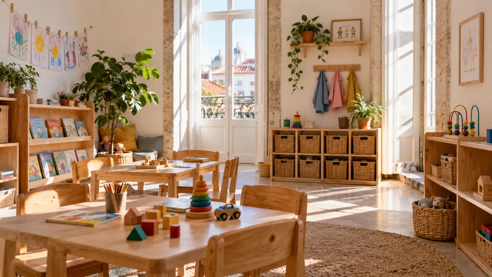 A warm nursery classroom with low wooden tables.