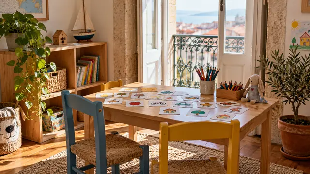 A language-learning corner with illustrated picture cards showing objects without written words.
