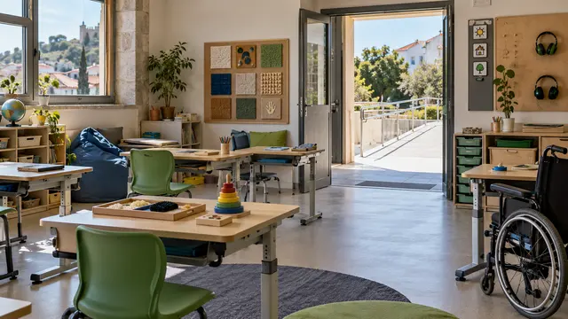An inclusive classroom with adjustable desks.