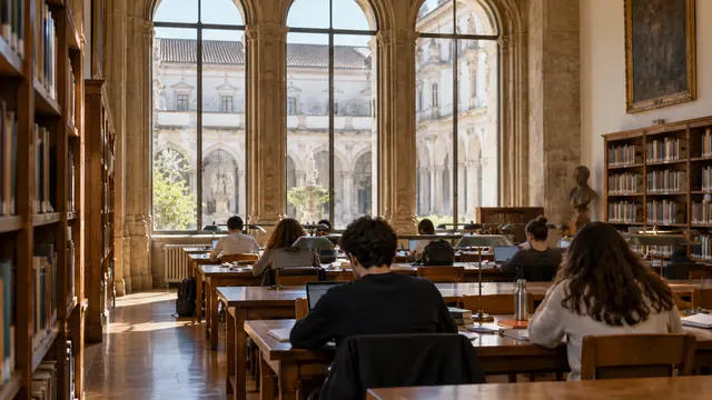 A Portuguese higher-education library with long wood tables.