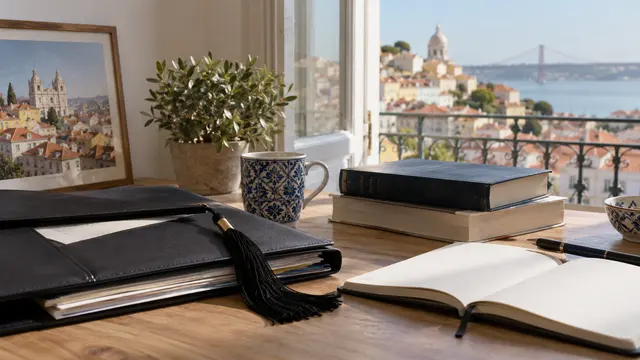 Academic documents kept face-down in a portfolio beside a graduation tassel.