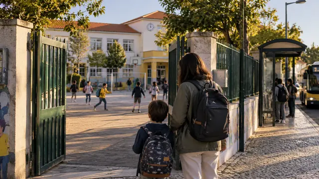 An adult and child visiting a school playground from outside the open gate.
