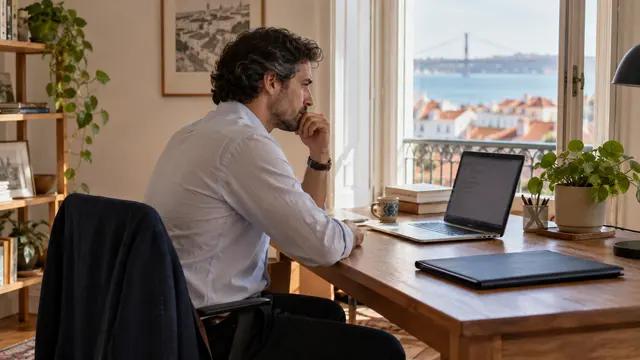 An adult preparing for a job interview in a simple home office.