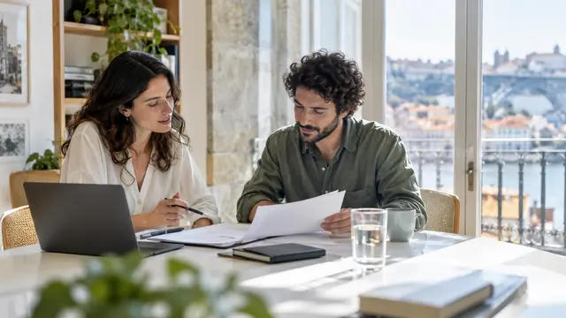 Two colleagues reviewing a plain employment document across a bright meeting table.