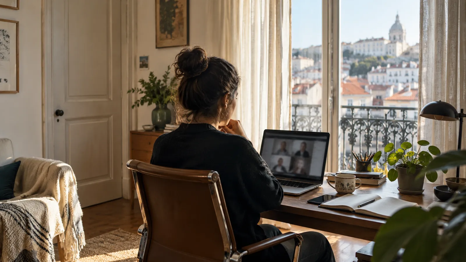 A remote employee on a discreet video call from a Portuguese apartment office.