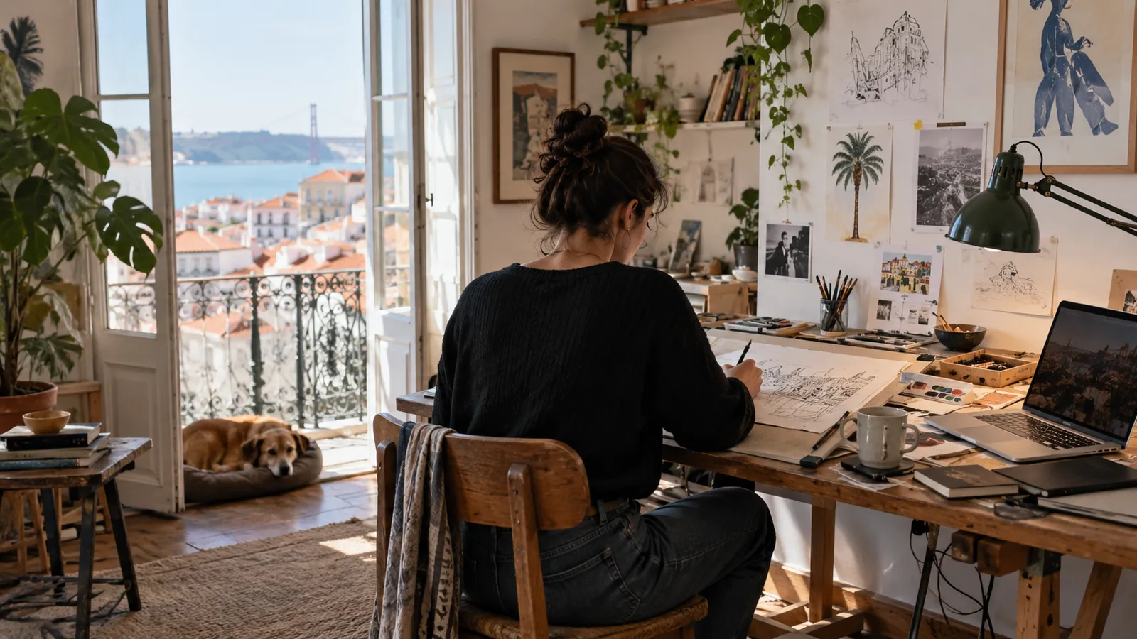 An independent illustrator at a drafting table in a small Portuguese workspace.