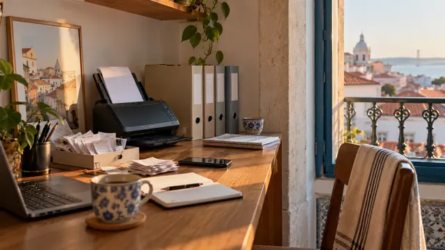 A freelancer's tidy invoicing corner with receipt organiser.