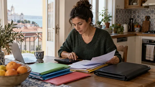A worker organising social-contribution records in colour-coded unlabelled folders at a kitchen table.