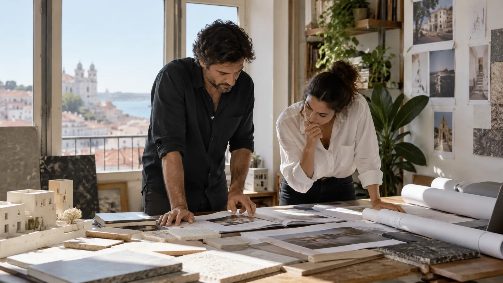 A professional architect reviewing a portfolio with a colleague in a bright studio.