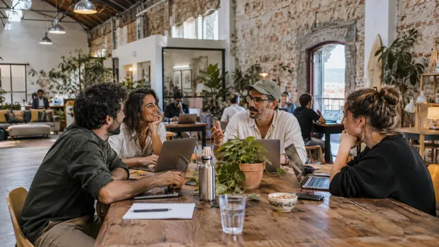 A diverse small group of adults having an informal coworking conversation around a communal table in a Portuguese converted warehouse.