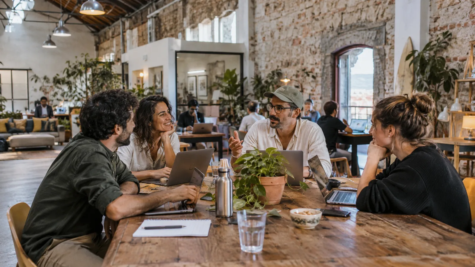 A diverse small group of adults having an informal coworking conversation around a communal table in a Portuguese converted warehouse.