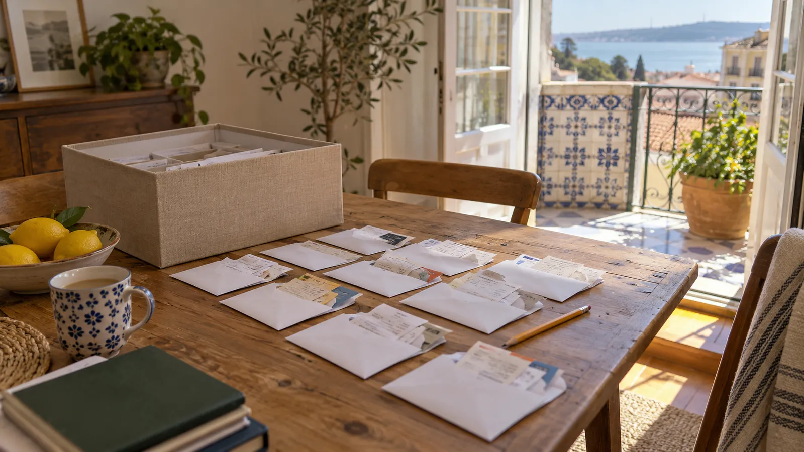 A first-year tax-record box on a home table with receipts grouped into twelve blank envelopes and a pencil.
