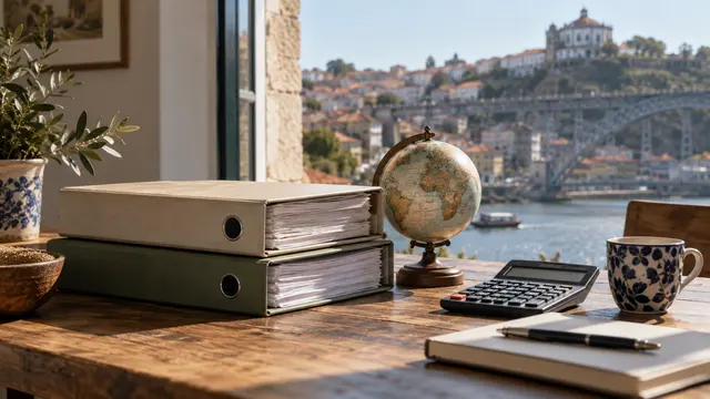 A pair of international income folders in different neutral colours beside a small globe and calculator.