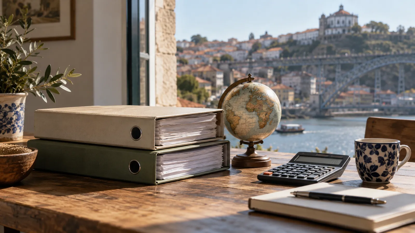 A pair of international income folders in different neutral colours beside a small globe and calculator.