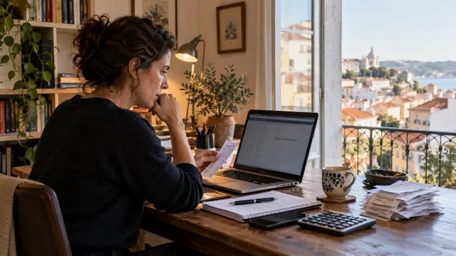 An adult preparing an annual tax return at a laptop in a quiet study.