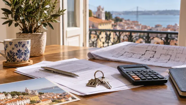 Property-related paperwork and a house-key ring arranged beside a calculator and a folded architectural plan without readable dimensions.