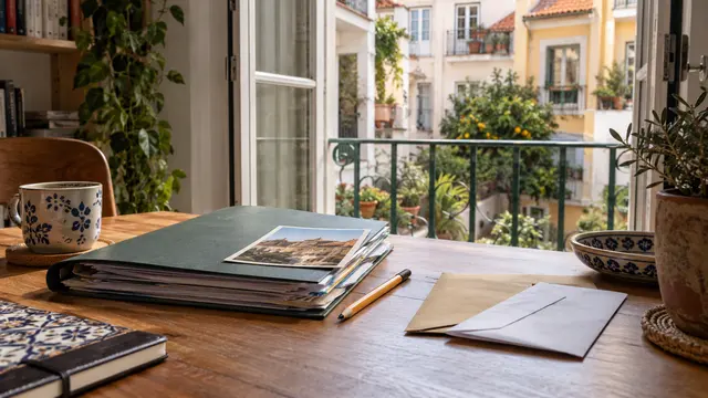 A rental income record folder on a desk overlooking a modest apartment courtyard.