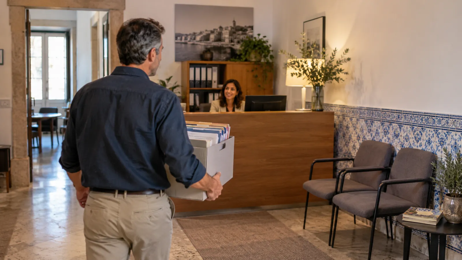 An adult arriving for a tax-adviser appointment carrying a well-organised document box.