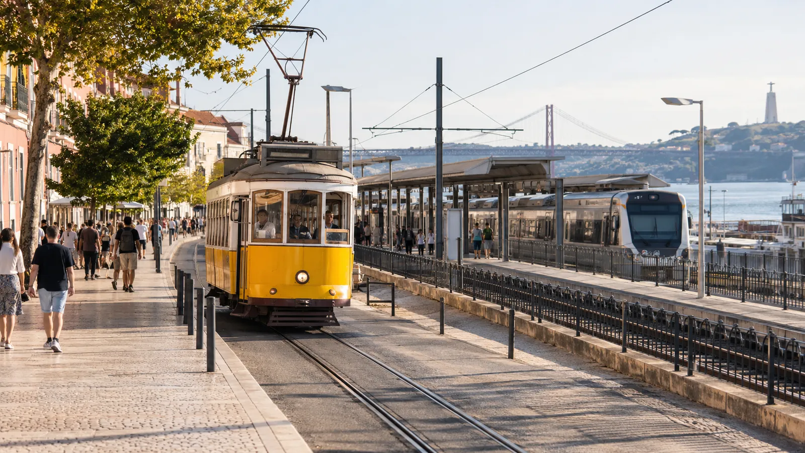 A Portuguese city tram passing a broad pedestrian pavement beside a suburban train connection.