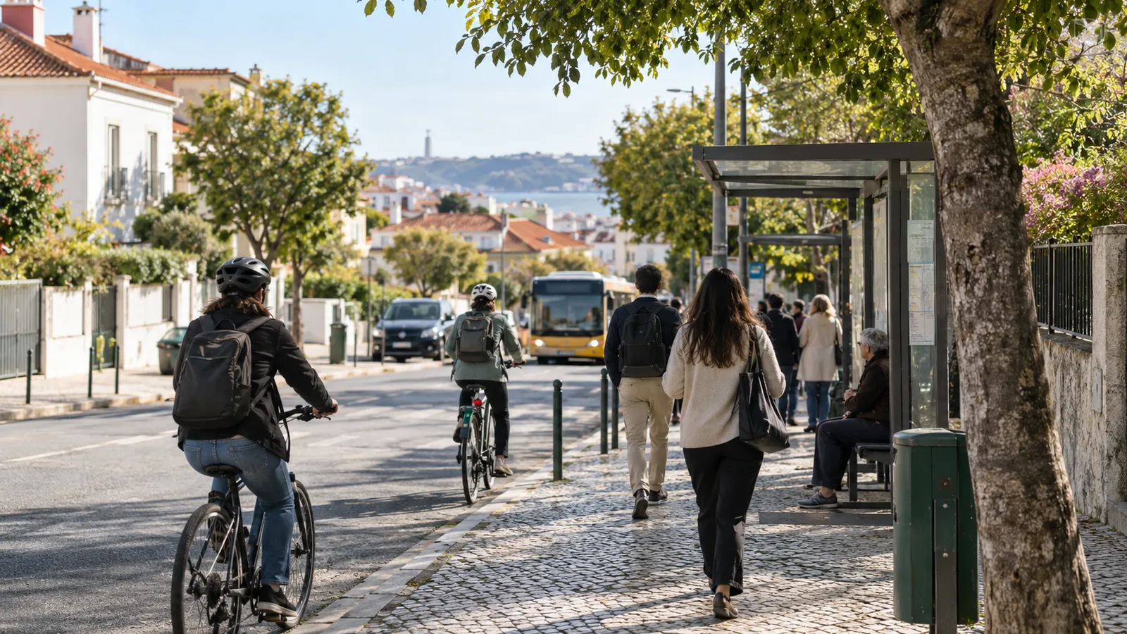 Morning commuters cycling and walking towards a sheltered bus stop in a Portuguese residential district.