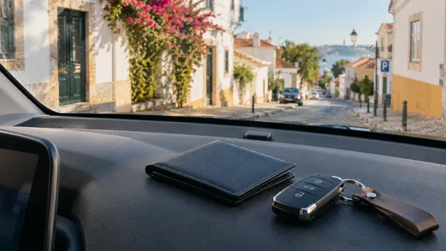 A closed driving-document wallet resting beside car keys on a plain vehicle dashboard.