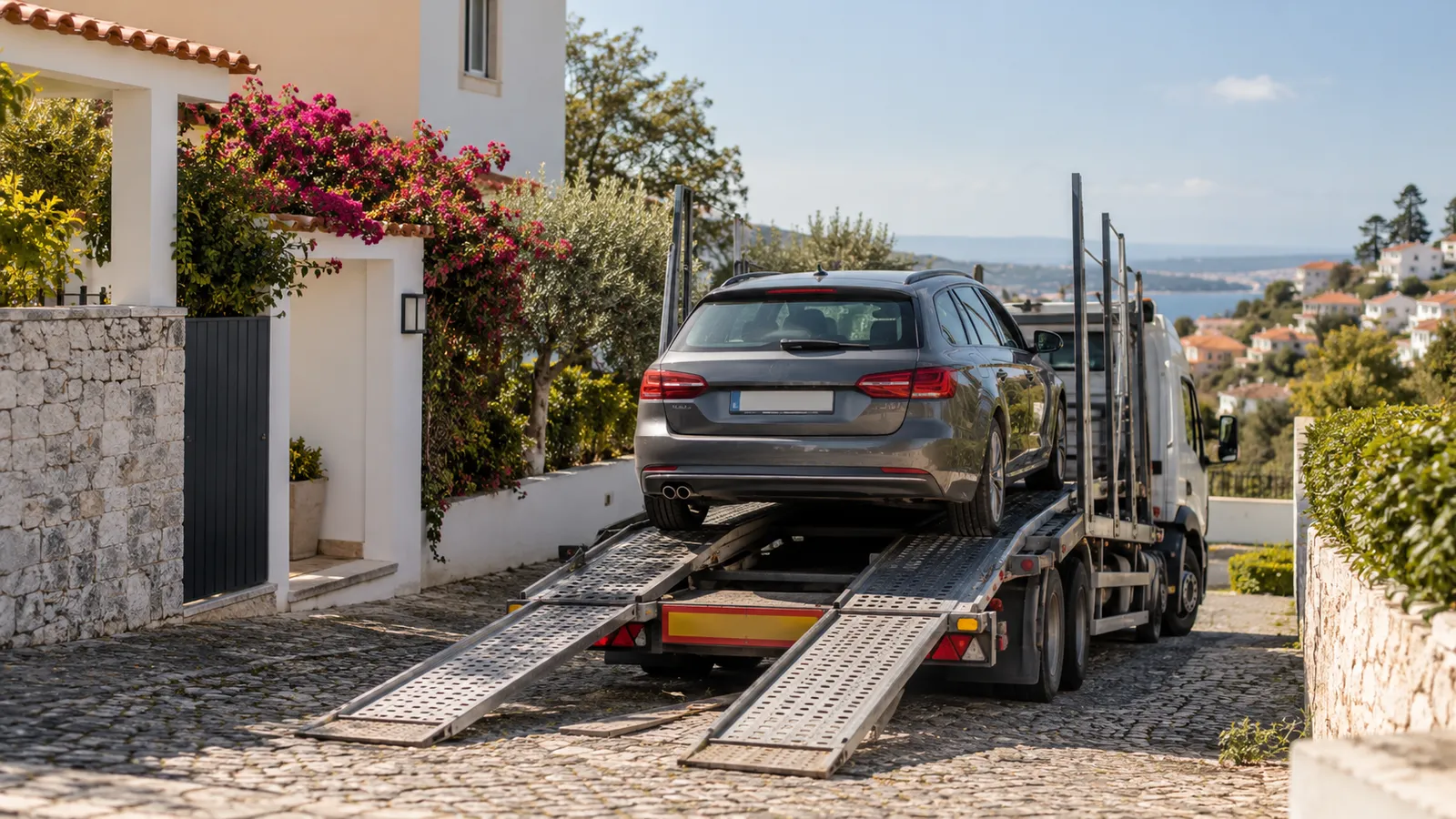A practical family car on a transport trailer arriving at a Portuguese residential driveway.