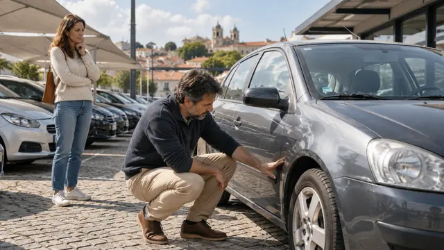 An adult inspecting the tyre and bodywork of a modest used car in daylight.