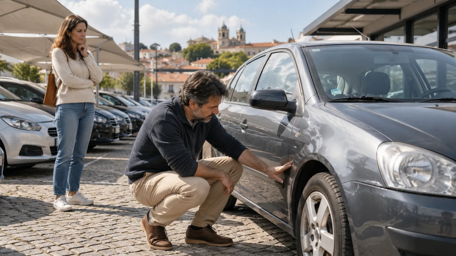 An adult inspecting the tyre and bodywork of a modest used car in daylight.