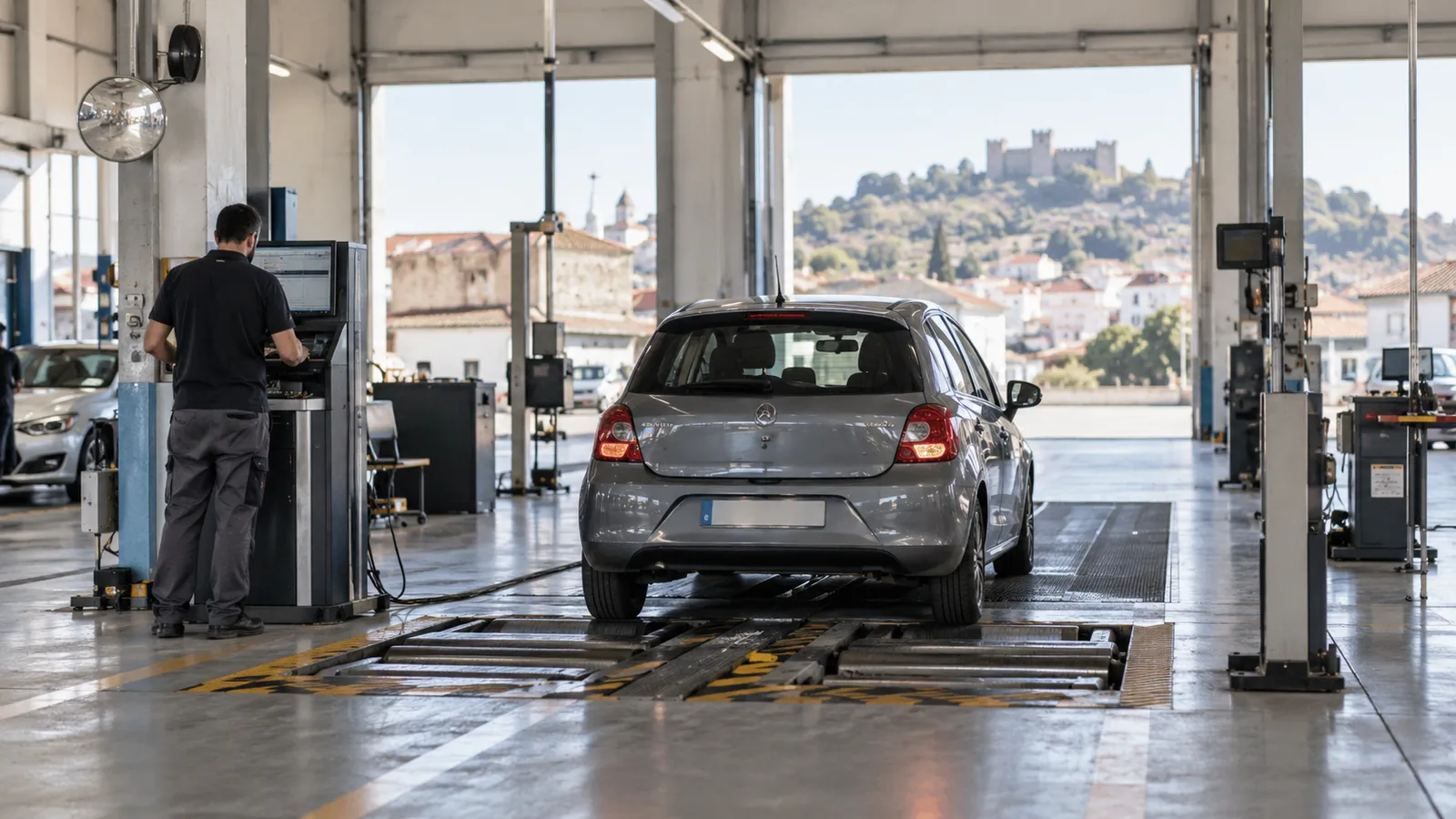 A vehicle inspection workshop with a compact car on a safe testing lane.