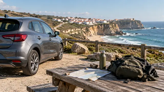 A rental car parked at a coastal viewpoint beside a daypack.