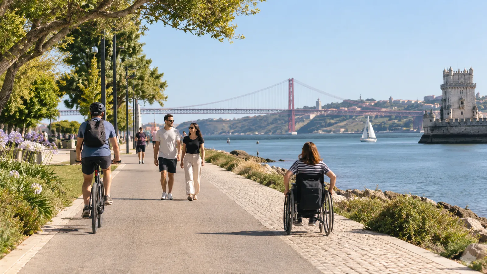 A wide accessible Portuguese riverside path shared respectfully by a cyclist.
