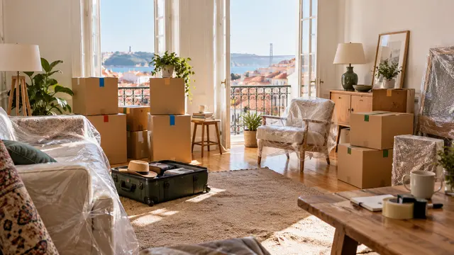 A household move being organised in a bright living room with boxes grouped by coloured tape.