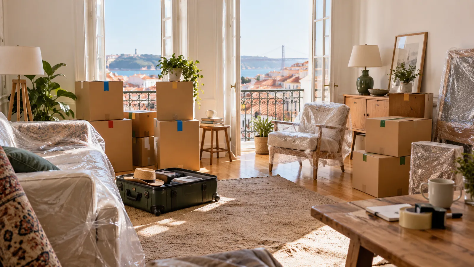 A household move being organised in a bright living room with boxes grouped by coloured tape.
